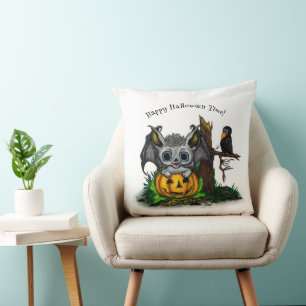 Coussin En attente d'Halloween, Bat mignonne et Corbeau