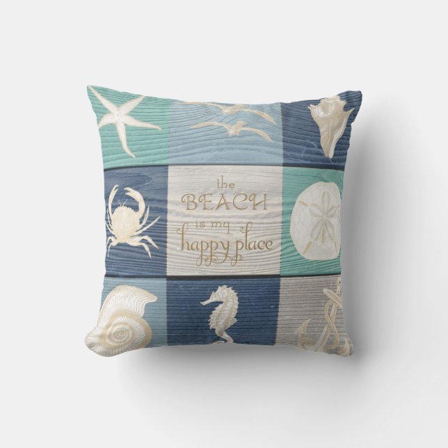Coussin en bois de mer d'Aqua bleu heureux (Recto)