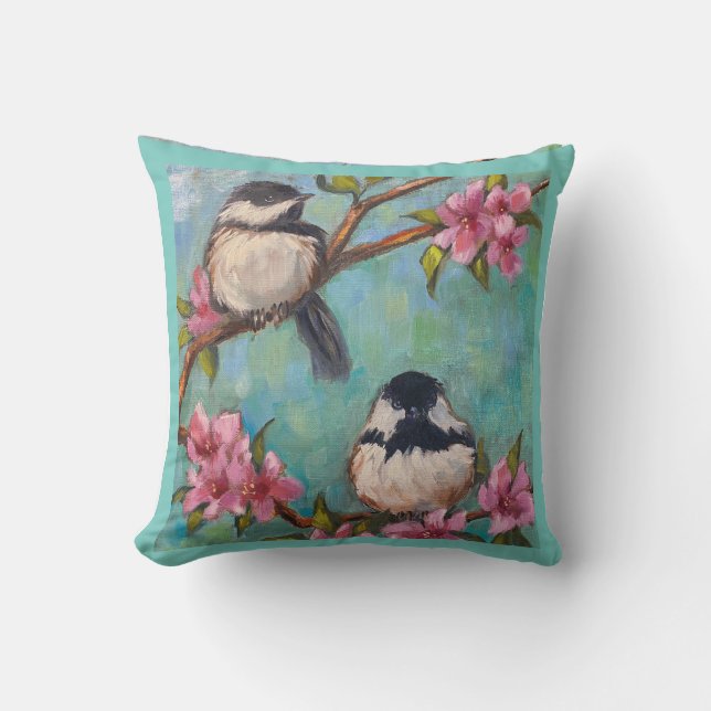 Coussin en plein air avec les oiseaux de Chickadee (Recto)