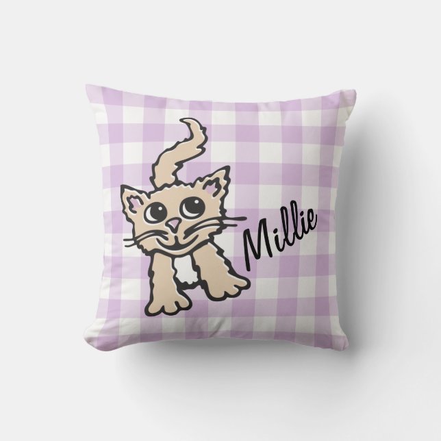 Coussin en vichy chat à motif violet et blanc pillow (Recto)