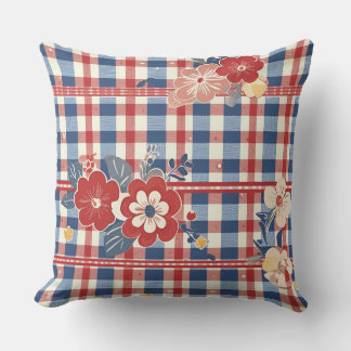 Coussin En vichy patriotique aux accents floraux | Rouge b