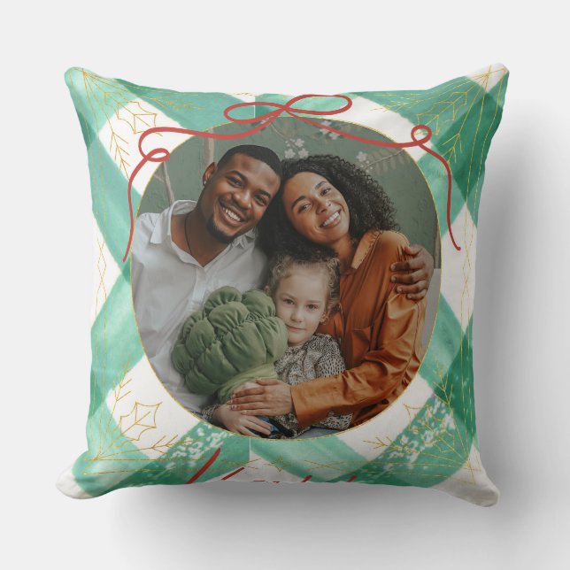 Coussin En vichy vert de Noël personnalisé (Recto)