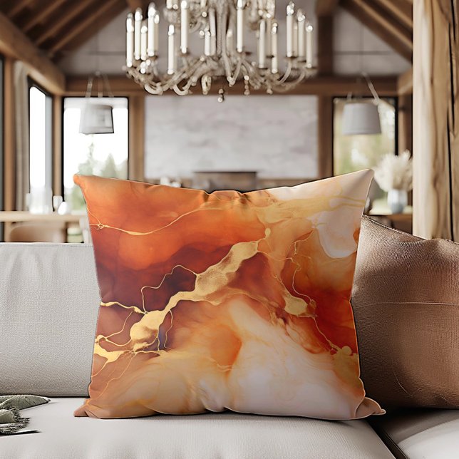 Coussin Encre alcoolique marbrée brun orange or (Brown, orange, and gold alcohol ink decorator pillow)