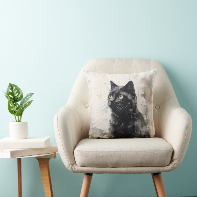 Coussin Encre de peinture d'animal de chat noir (Chaise)