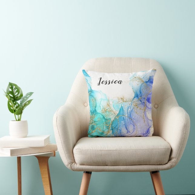 Coussin Encre et nom d'alcool turquoise et or (Chaise)