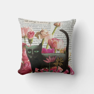 Coussin Endormez-vous pour rêver Chat noir Fleurs roses ch