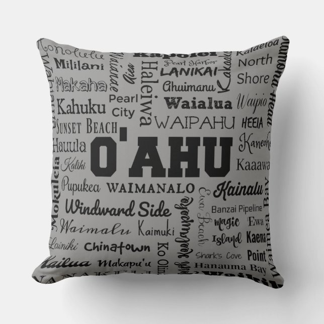 Coussin Endroits d'O'ahu Hawaï, gris et noir (Recto)