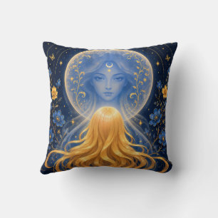 Coussin Enfant Blond et Esprit de la Lune Bleue Art Floral