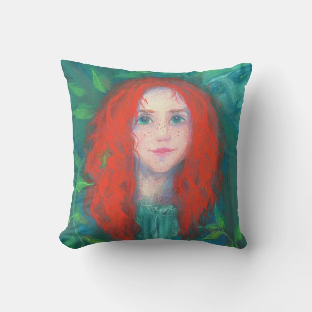 Coussin Enfant de la forêt, fille aux cheveux rouges, tein (Recto)
