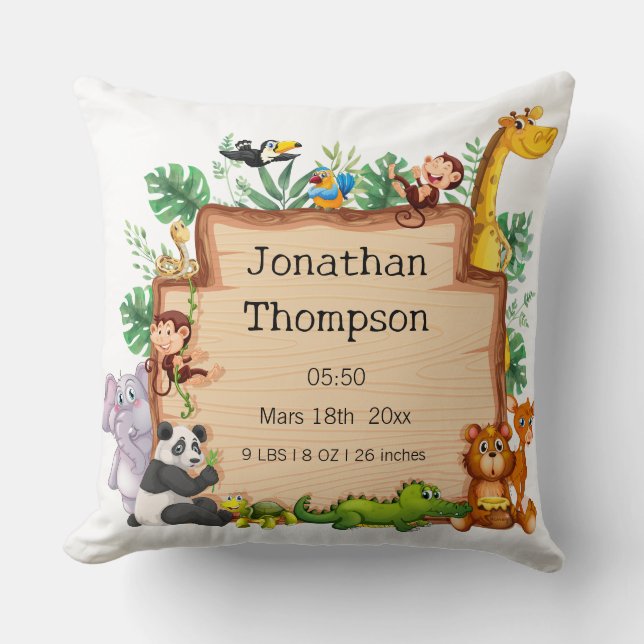 Coussin Enfant garçon statistiques de naissance Safari et  (Recto)