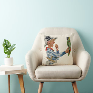 Coussin Enfant Vintage, Garçon Jouant avec un Perroquet Pi