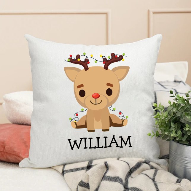 Coussin Enfants Premier Noël Joli Rinder Nom (Kids First Christmas Cute Reindeer Name Throw Pillow)