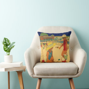 Coussin Enfants vintage, sœurs en vacances à la plage