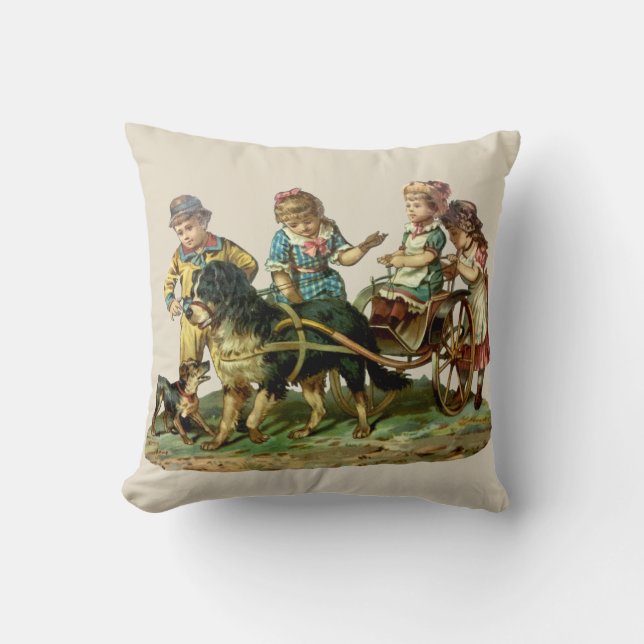 Coussin Enfants vintages et chien Wagon (Recto)