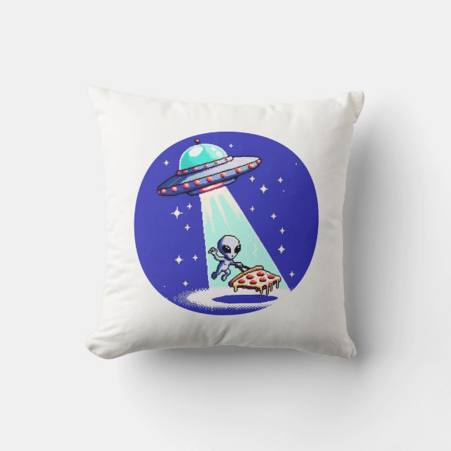Coussin Enlèvement de pizza Alien - Drôle Pixel Art UFO De (Recto)