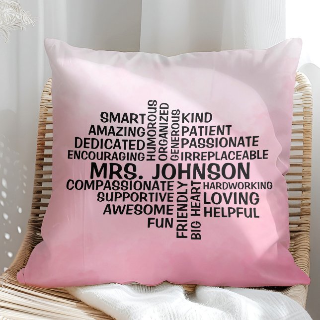 Coussin Enseignant Word Cloud Pink Ombre (Créateur téléchargé)