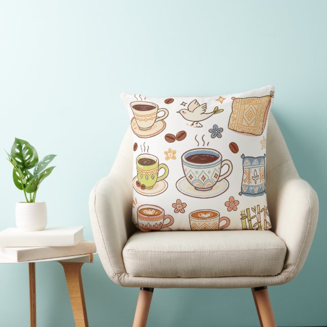 Coussin Ensemble de doodles d'art folklorique et de café d (Chaise)