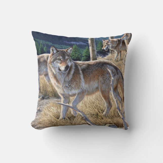 Coussin Ensemble de loups dans la peinture forestière (Recto)