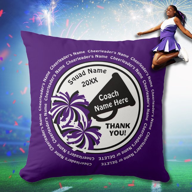 Coussin Entraîneur violet, blanc, noir, Pom-pom girl ou jo (Cheerleading Coach Gifts. Personalized Cheer Coach Gifts. )