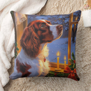 Coussin Épagneul breton aux lumières de Noël 