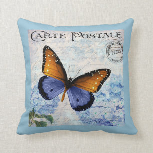 Coussin Ephemera Carte Postale Française Papillon Bleu Flo