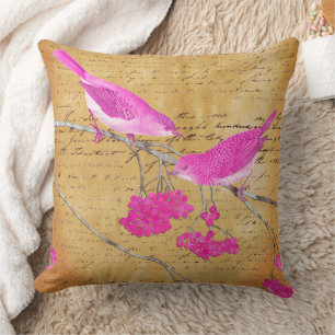 Coussin Ephémère rose et or Oiseaux Vintages et lettre