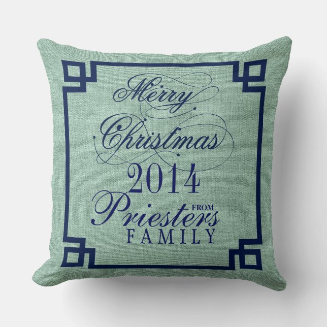 Coussin Épouse de Noël Texte bleu Sage-Green Linge Texture (Recto)