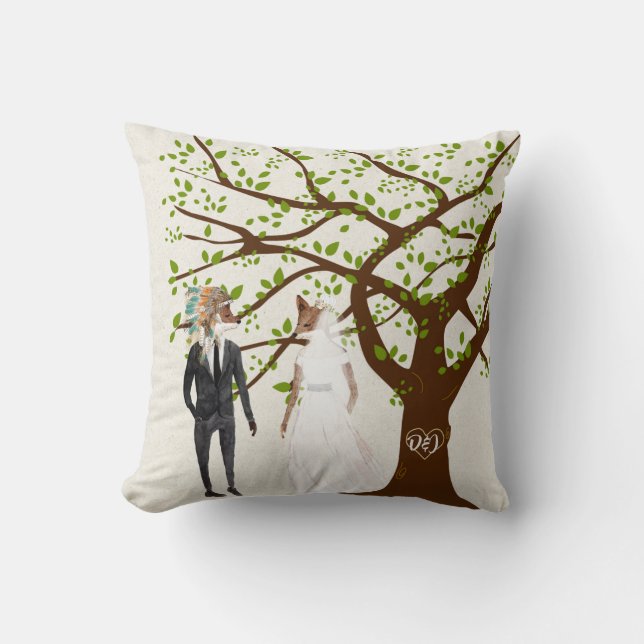 Coussin Épouse et salle Fox avec Initiales Arbre (Recto)