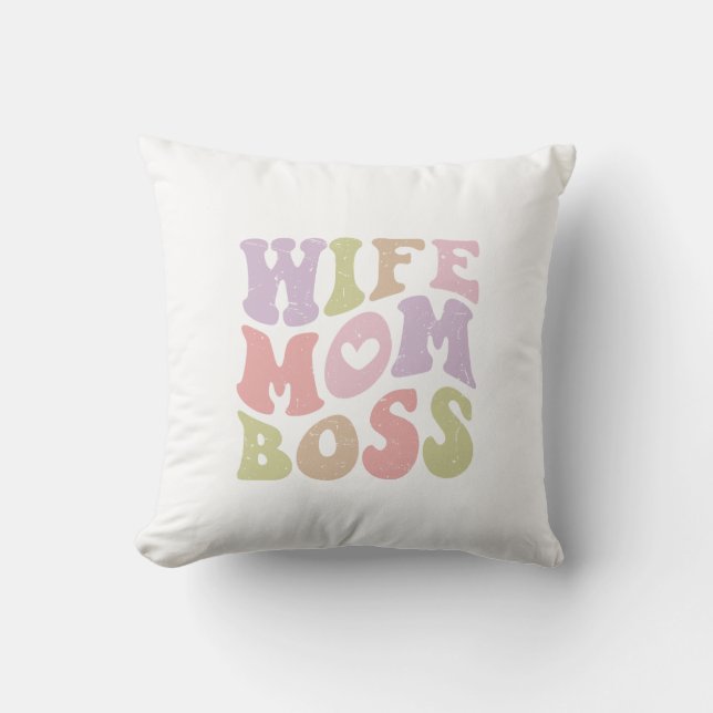 Coussin Épouse Maman Patronne Script Rétro Groovy Fête des (Recto)