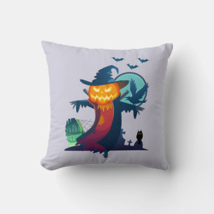 Coussin Épouvantail tête de citrouille hanté d'Halloween e