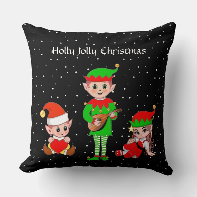 Coussin Équipe de lutins de Noël modernes sur fond noir (Recto)