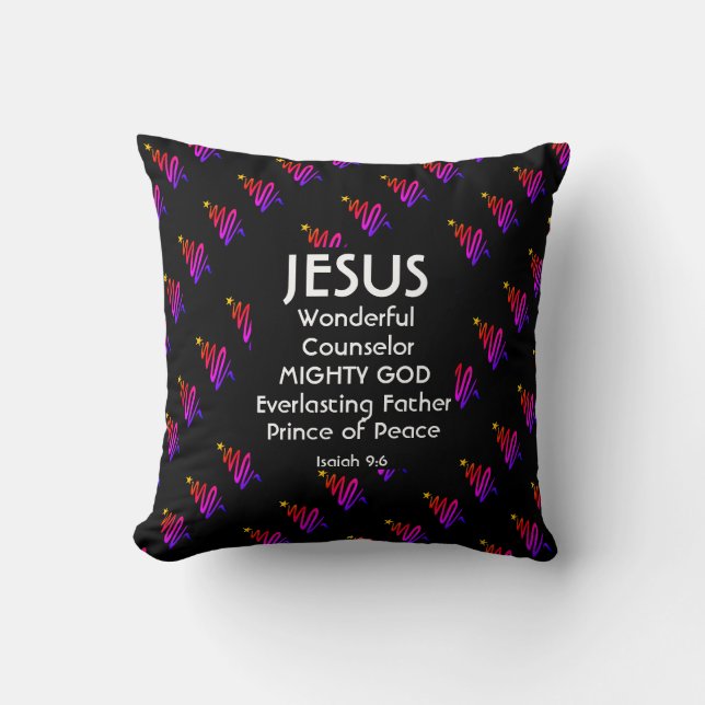Coussin Ésaïe chrétienne NOIR moderne 9:6 JÉSUS (Recto)