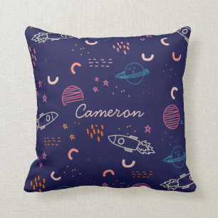 Coussin Espace et planètes Doodle en bleu Personnalisé