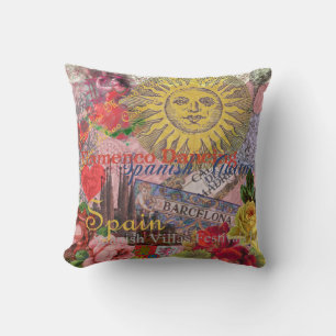 Coussin Espagne Vintage Soleil Voyage Collage Rétro Europe