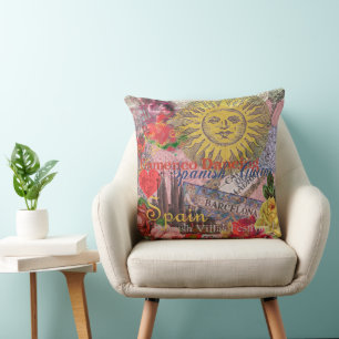 Coussin Espagne Vintage Soleil Voyage Collage Rétro Europe