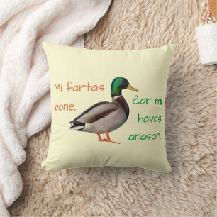 Coussin Espéranto : Je vais bien, car j'ai un canard.