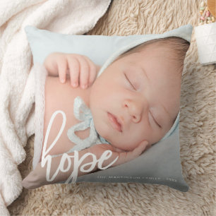 Coussin Espoir Brush Script en blanc avec photo