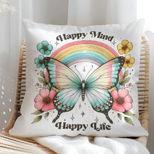 Coussin "Esprit Heureux Vie Heureuse" Papillon Pastel Arc-