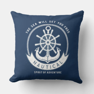 Coussin Esprit nautique Ancre, Roue, Bleu marine