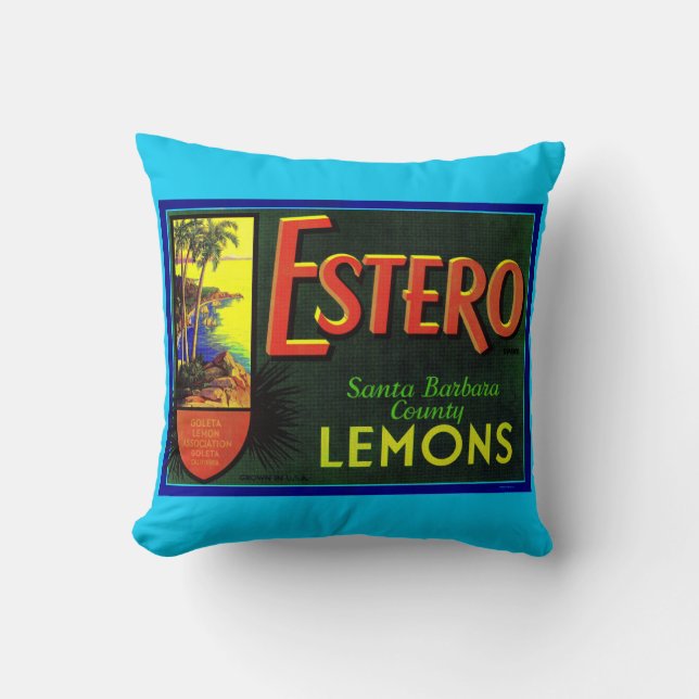 Coussin Estero citrons 1940s crate de fruits imprimé étiqu (Recto)