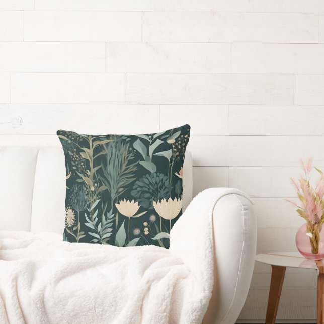 Coussin Esthétique Fleur Illustrative Sauge Foncé & Pêche  (Canapé)