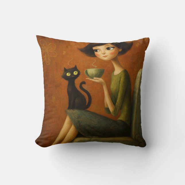 Coussin Esthétique Rétro Cosy Chat Noir Matinée (Recto)