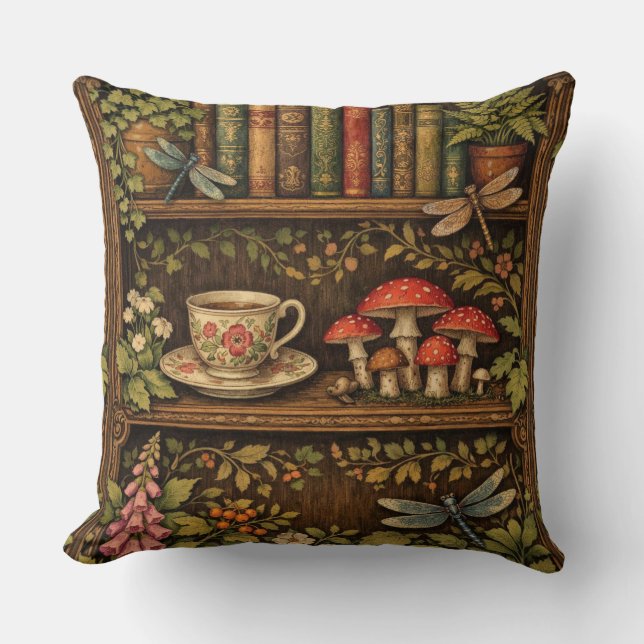 Coussin Étagère de livres rétro champignons fleurs café  (Recto)