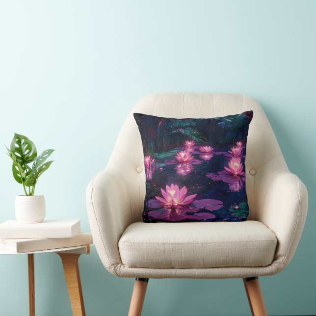Coussin Étang de lotus rose de la nature zen de minuit (Chaise)
