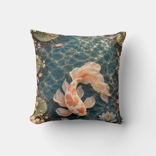 Coussin Étang de nénuphars sarcelle aux carpes koï à l'abr (Recto)