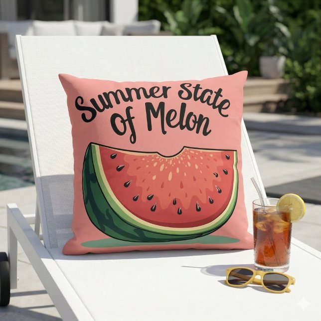 Coussin État d'été du melon Art de fruit rétro (Summer State of Melon Retro Fruit Art Throw Pillow In Poolside Chair)