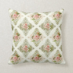 Coussin Été au cottage, motif vintage de rose de damass