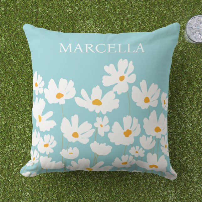 Coussin Été Blanc Fleurs Cosmos Nom personnalisé (Herbe)