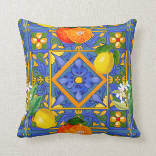 Coussin Été, Carreaux siciliens, agrumes, oranges, majol