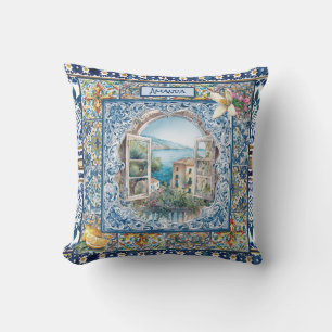 Coussin été italie carreaux bleu floral citrus monogramme